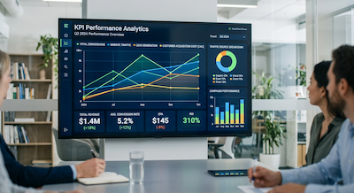 a team of executives discussing key performance indicators from digital assets and strategy of SuperCamDigitals.